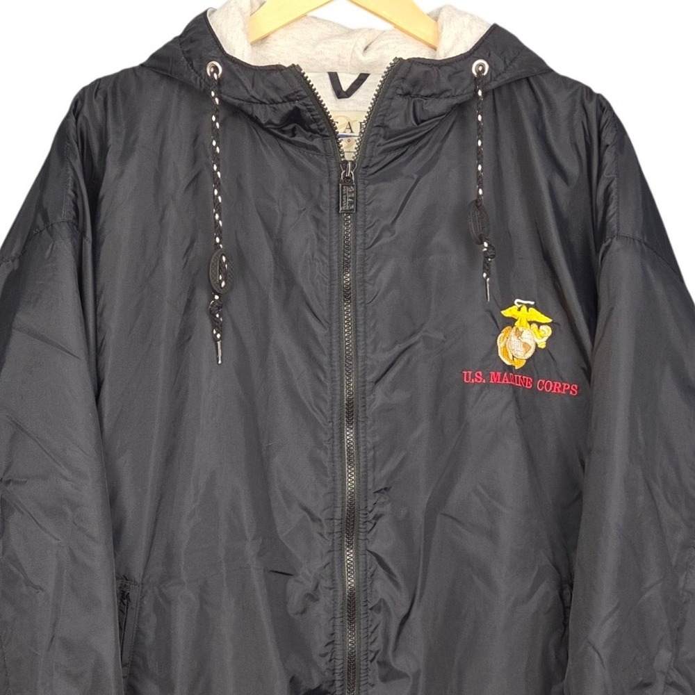 Vintage USMC Marines Hooded Jacket Mens Medium Black Lined Windbreaker Retro Y2K